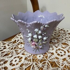 Vintage Lefton China Lavender Vase Applied Flowers Lily of Valley Gold Trim